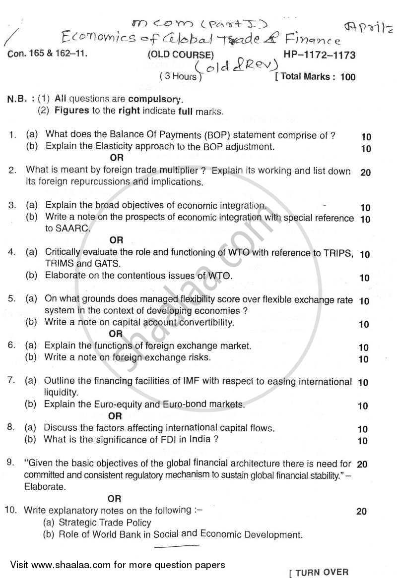 Economics of Global Trade and Finance 2010-2011 - M.Com. - Part 1 - University of Mumbai question paper with PDF download