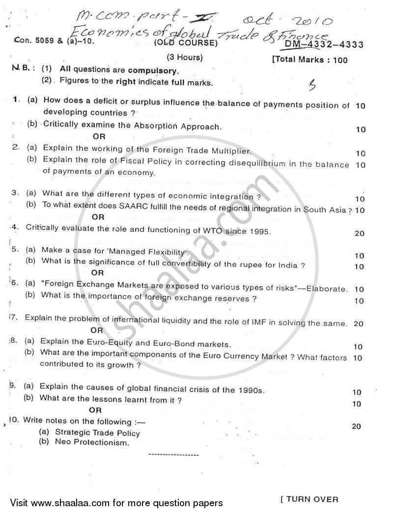 Economics of Global Trade and Finance 2010-2011 - M.Com. - Part 1 - University of Mumbai question paper with PDF download