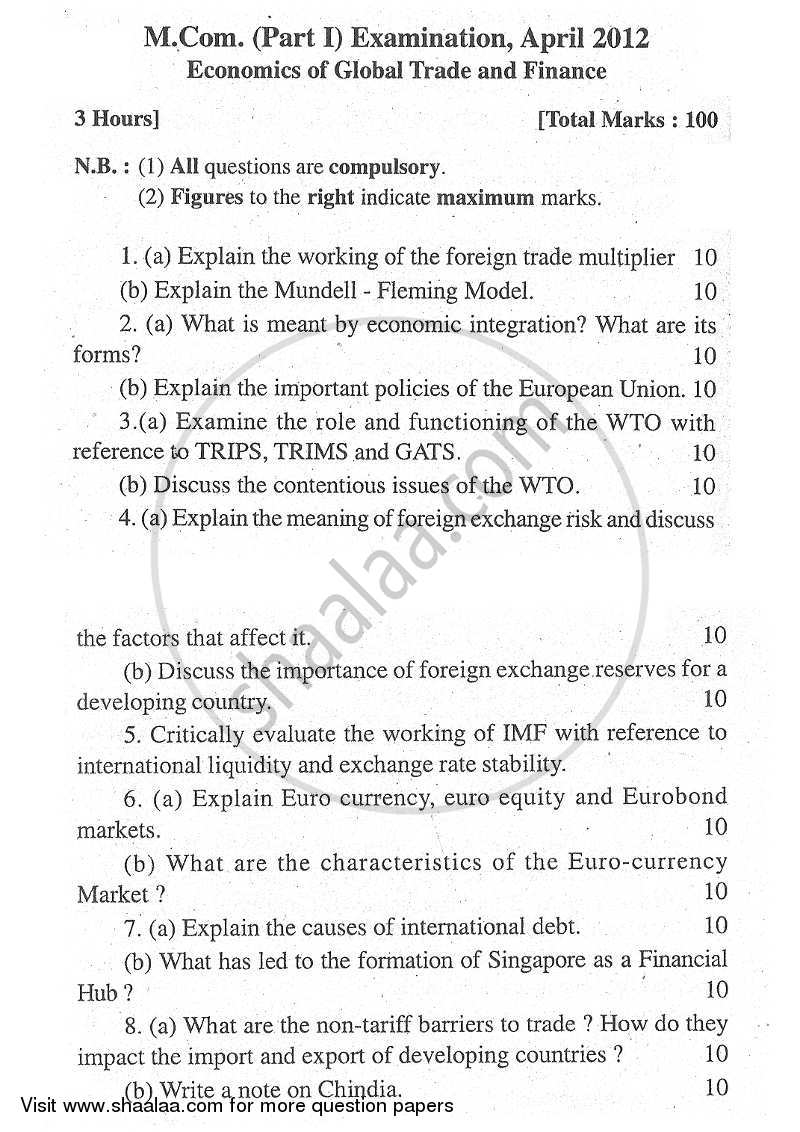 Economics of Global Trade and Finance 2011-2012 - M.Com. - Part 1 - University of Mumbai question paper with PDF download