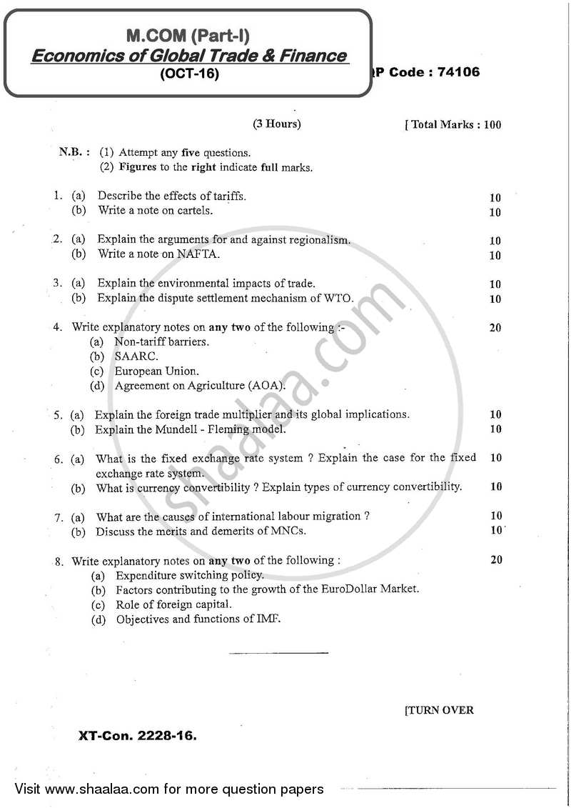 Economics of Global Trade and Finance 2016-2017 - M.Com. - Part 1 - University of Mumbai question paper with PDF download