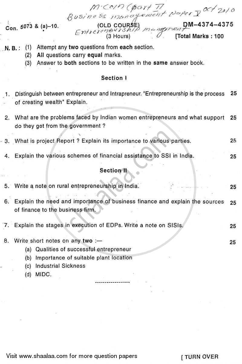 Enterpreneurship Management 2010-2011 - M.Com. - Part 2 - University of Mumbai question paper with PDF download