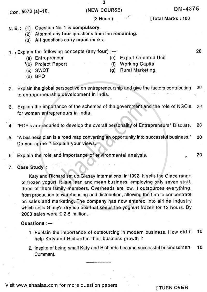 Enterpreneurship Management 2010-2011 - M.Com. - Part 2 - University of Mumbai question paper with PDF download
