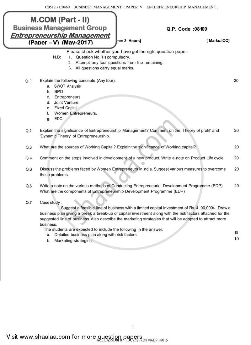 Enterpreneurship Management 2016-2017 - M.Com. - Part 2 - University of Mumbai question paper with PDF download