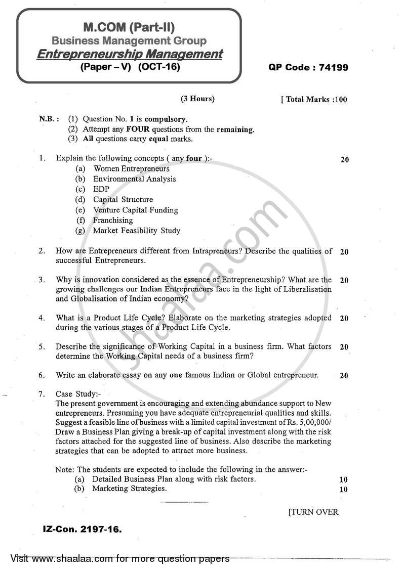 Enterpreneurship Management 2016-2017 - M.Com. - Part 2 - University of Mumbai question paper with PDF download