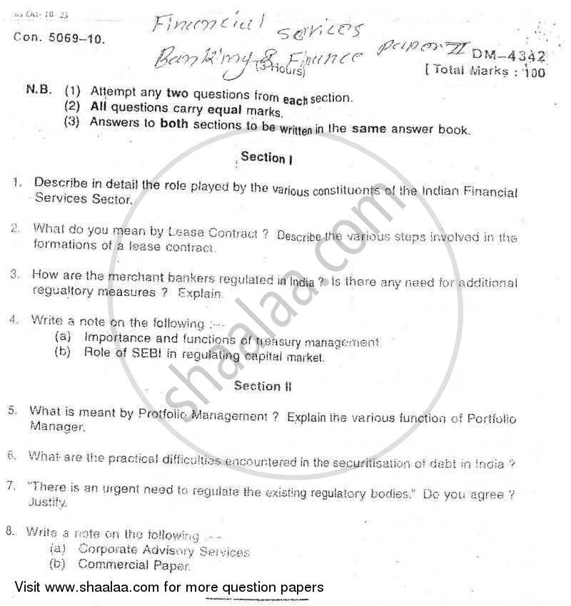 Financial Services 2010-2011 - M.Com. - Part 1 - University of Mumbai question paper with PDF download