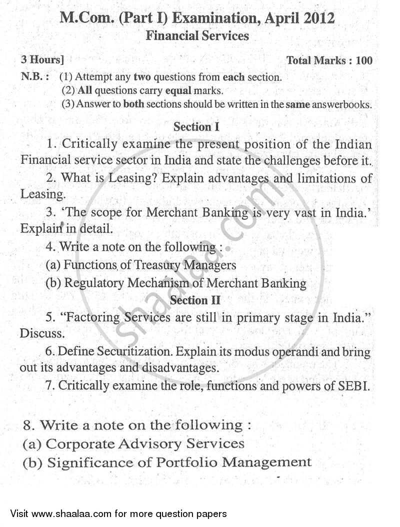 Financial Services 2011-2012 - M.Com. - Part 1 - University of Mumbai question paper with PDF download