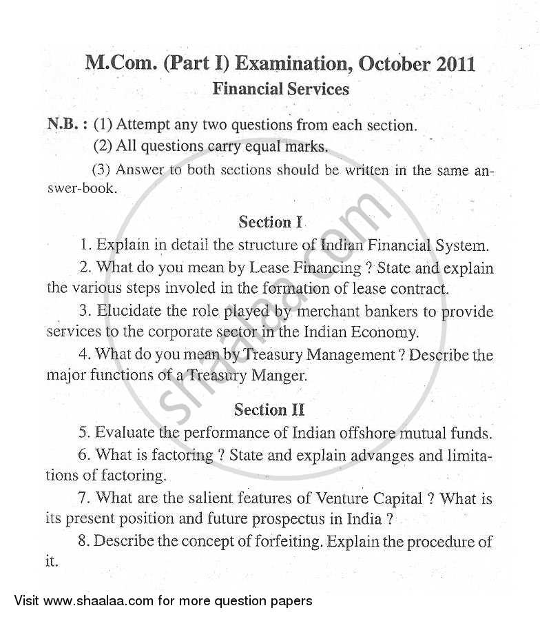Financial Services 2011-2012 - M.Com. - Part 1 - University of Mumbai question paper with PDF download