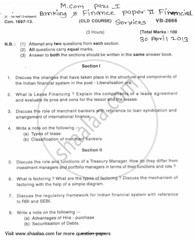 Financial Services 2012-2013 - M.Com. - Part 1 - University of Mumbai question paper with PDF download