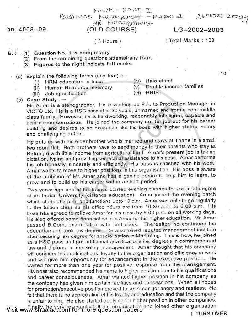 Human Resource Management 2009-2010 - M.Com. - Part 1 - University of Mumbai question paper with PDF download