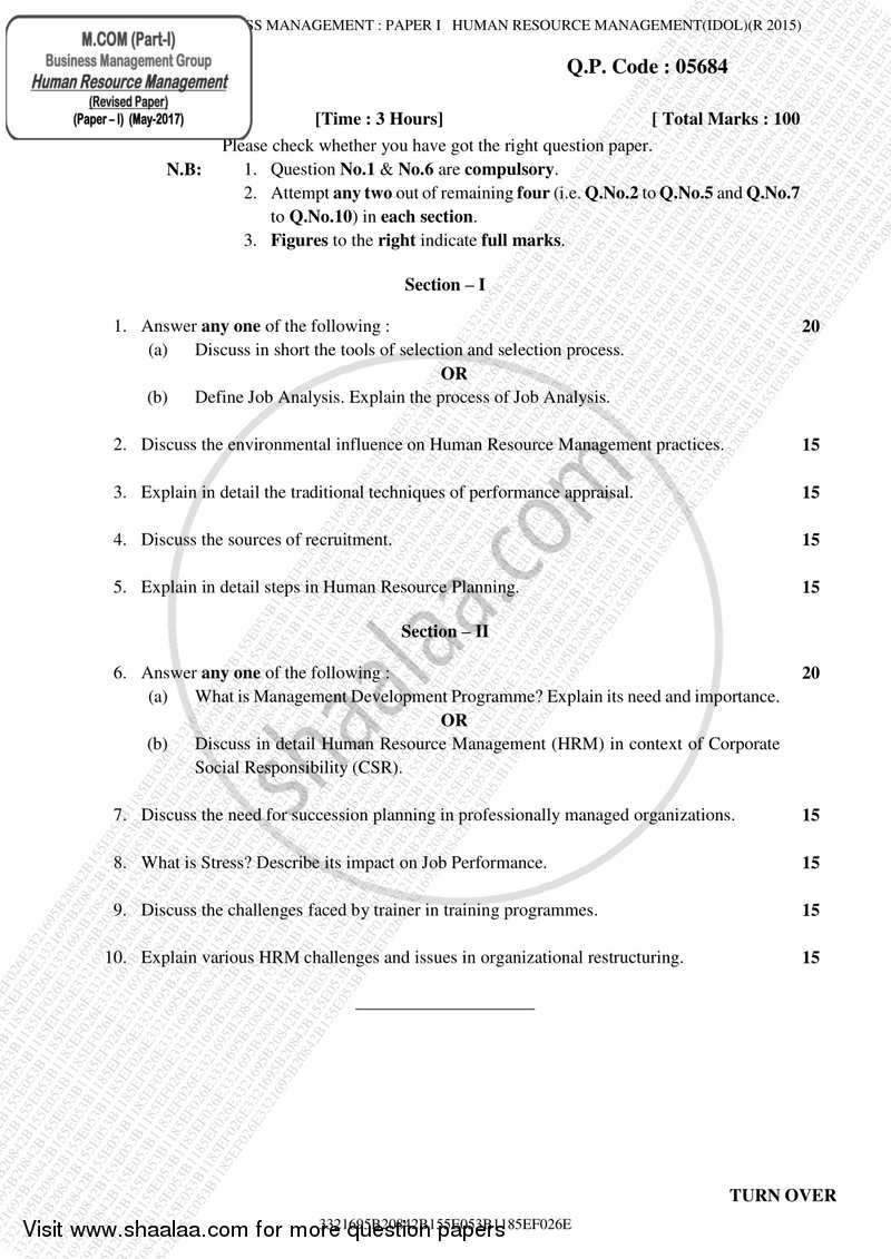 Human Resource Management 2016-2017 - M.Com. - Part 1 - University of Mumbai question paper with PDF download