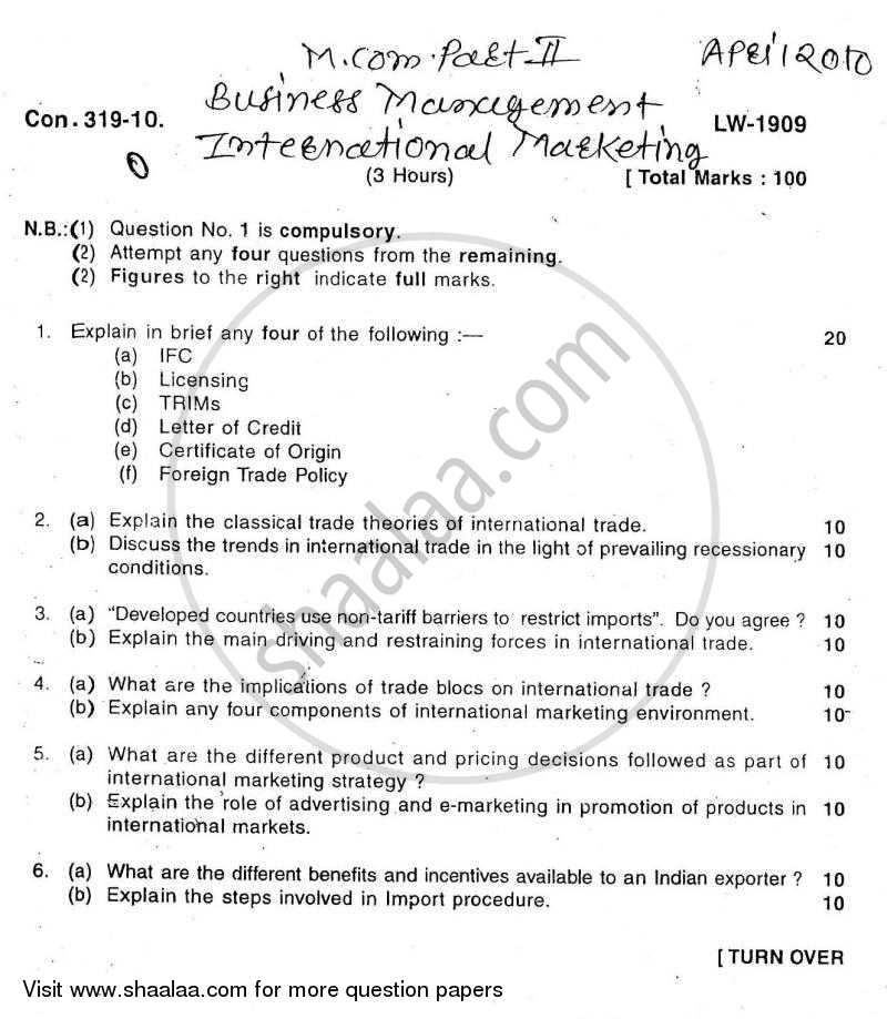 International Marketing 2009-2010 - M.Com. - Part 2 - University of Mumbai question paper with PDF download