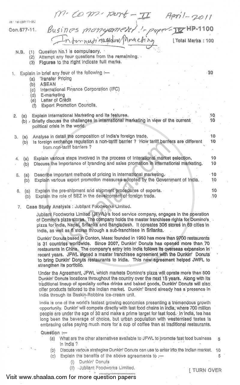 International Marketing 2010-2011 - M.Com. - Part 2 - University of Mumbai question paper with PDF download