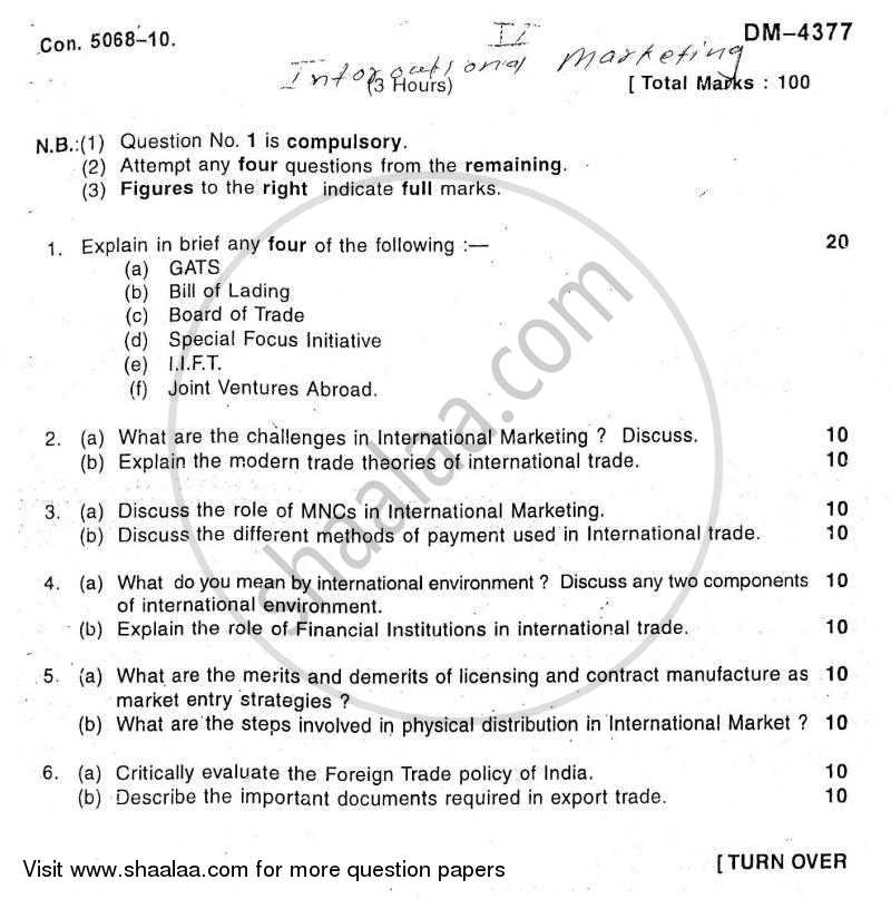 International Marketing 2010-2011 - M.Com. - Part 2 - University of Mumbai question paper with PDF download