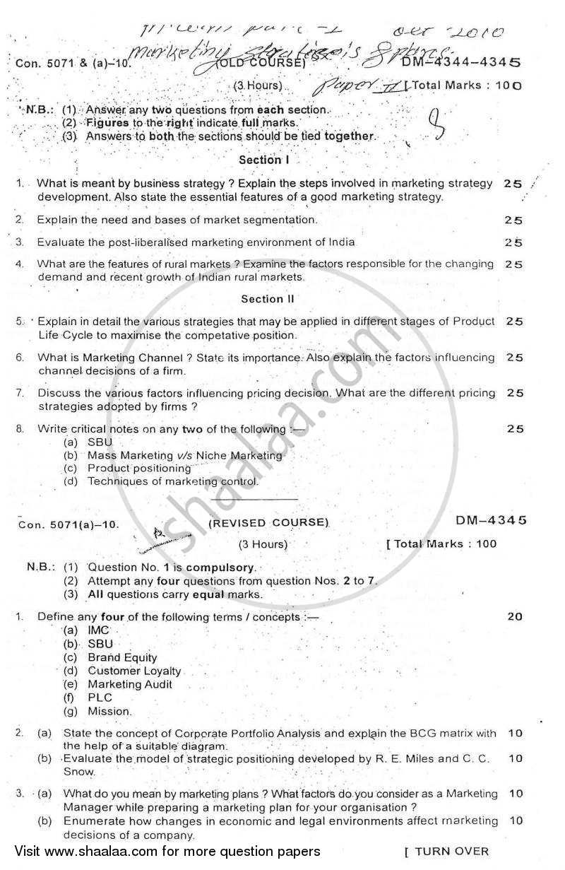 Marketing Strategy and Plan 2010-2011 - M.Com. - Part 1 - University of Mumbai question paper with PDF download