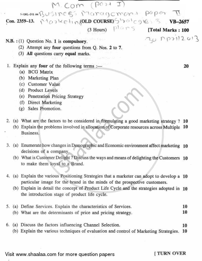 Marketing Strategy and Plan 2012-2013 - M.Com. - Part 1 - University of Mumbai question paper with PDF download