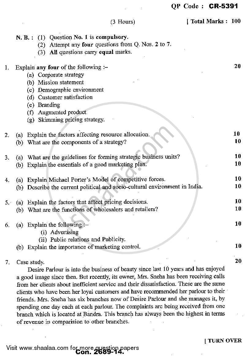 Marketing Strategy and Plan 2013-2014 - M.Com. - Part 1 - University of Mumbai question paper with PDF download