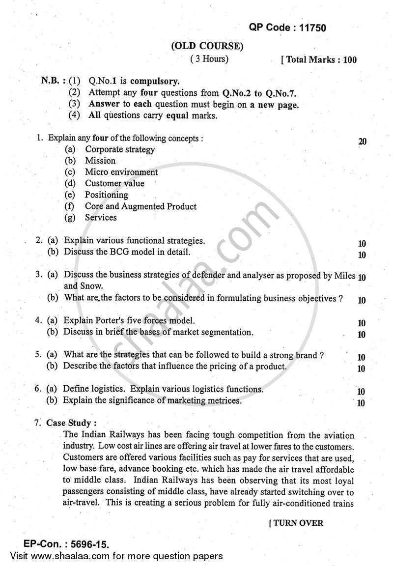 Marketing Strategy and Plan 2014-2015 - M.Com. - Part 1 - University of Mumbai question paper with PDF download