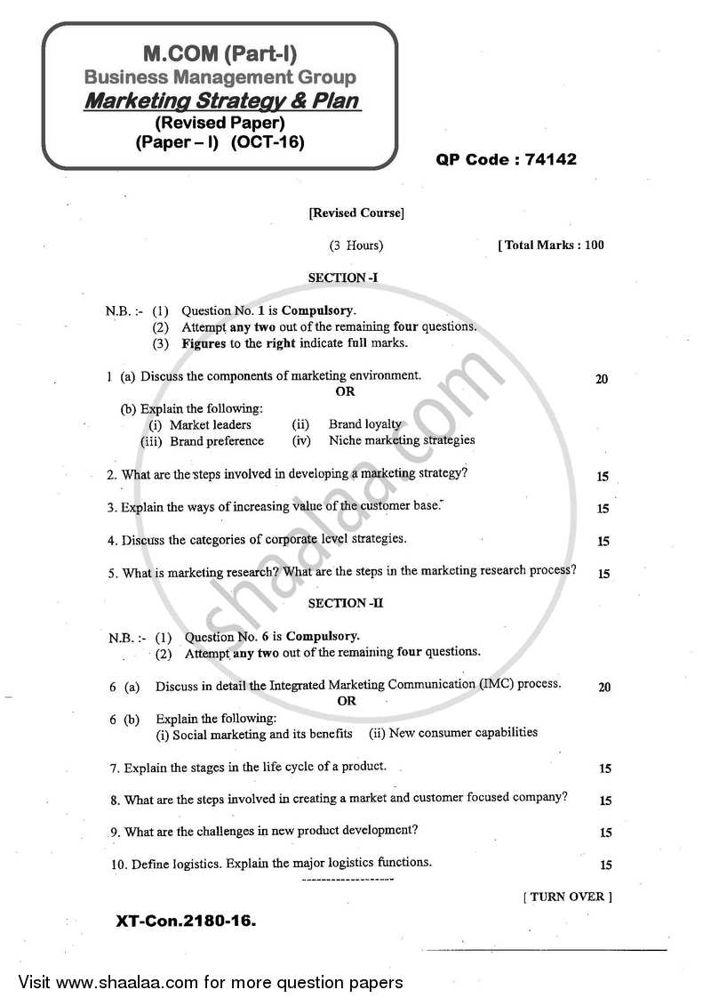Marketing Strategy and Plan 2016-2017 - M.Com. - Part 1 - University of Mumbai question paper with PDF download