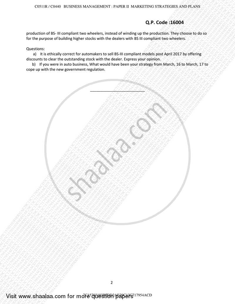 Marketing Strategy and Plan 2016-2017 - M.Com. - Part 1 - University of Mumbai question paper with PDF download