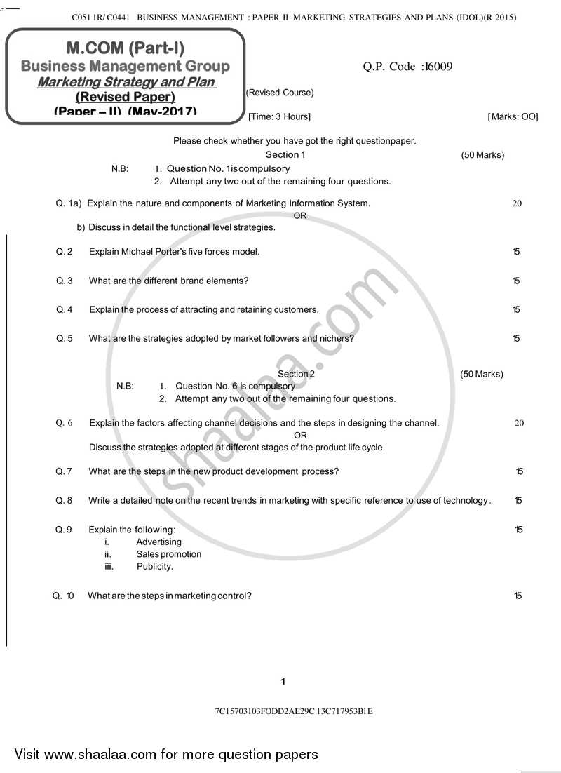 Marketing Strategy and Plan 2016-2017 - M.Com. - Part 1 - University of Mumbai question paper with PDF download