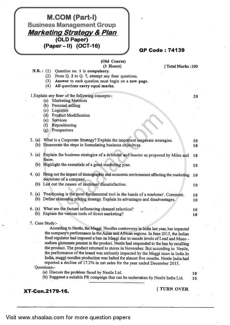 Marketing Strategy and Plan 2016-2017 - M.Com. - Part 1 - University of Mumbai question paper with PDF download