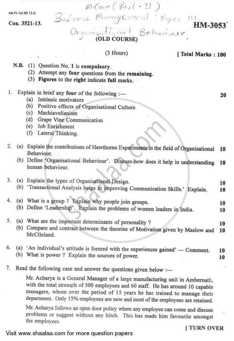 Organizational Behaviour 2012-2013 - M.Com. - Part 2 - University of Mumbai question paper with PDF download