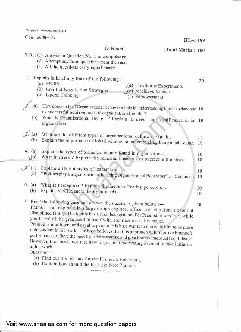 Organizational Behaviour 2013-2014 - M.Com. - Part 2 - University of Mumbai question paper with PDF download