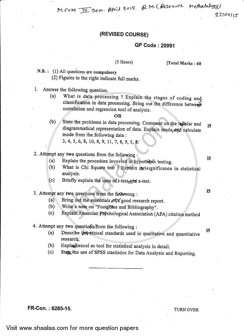 Research Methodology in Commerce 2014-2015 - M.Com. - Semester 4 - University of Mumbai question paper with PDF download