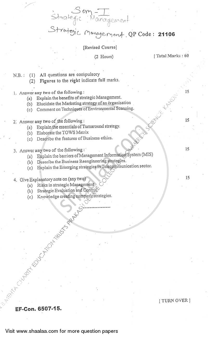 Strategic Management 2015-2016 - M.Com. - Semester 1 - University of Mumbai question paper with PDF download