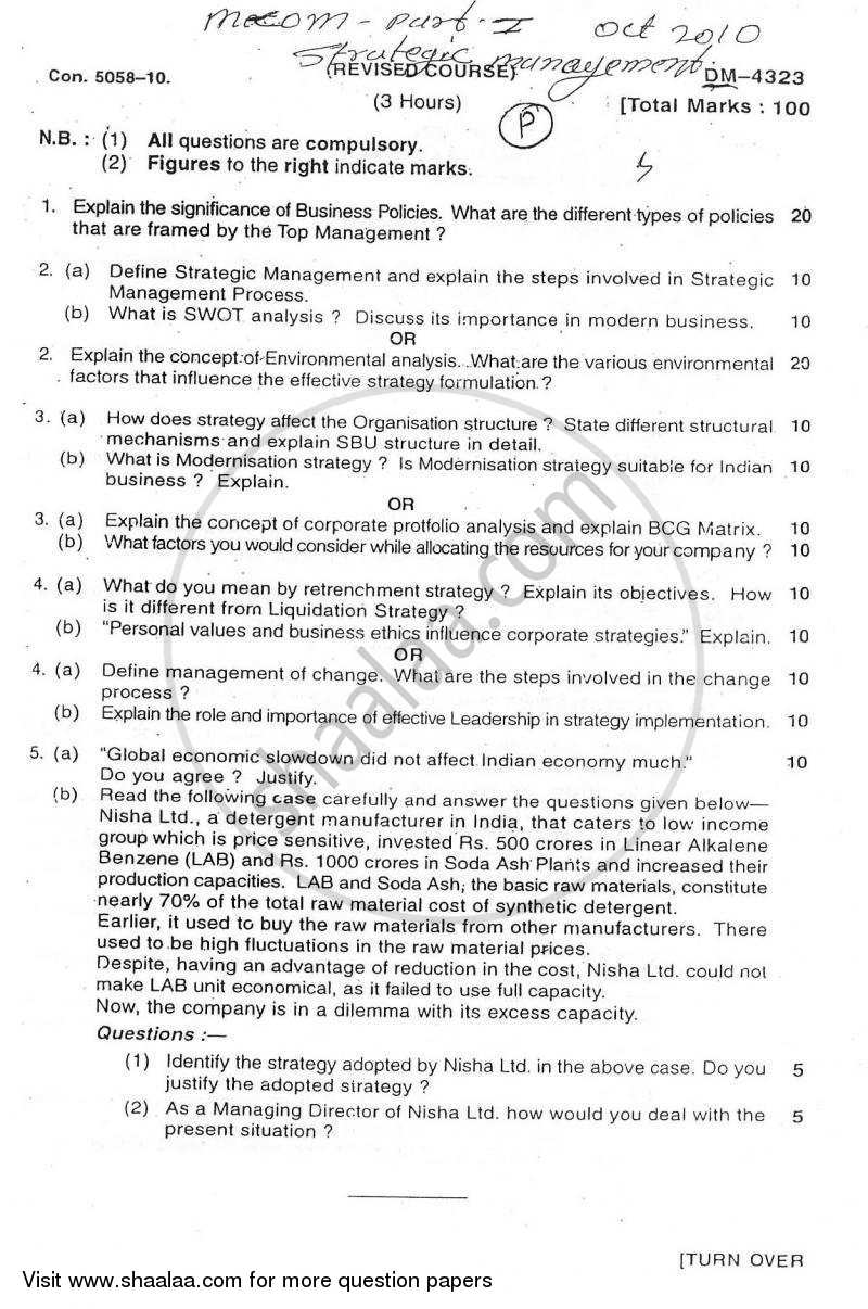 Strategic Management 2010-2011 - M.Com. - Part 1 - University of Mumbai question paper with PDF download