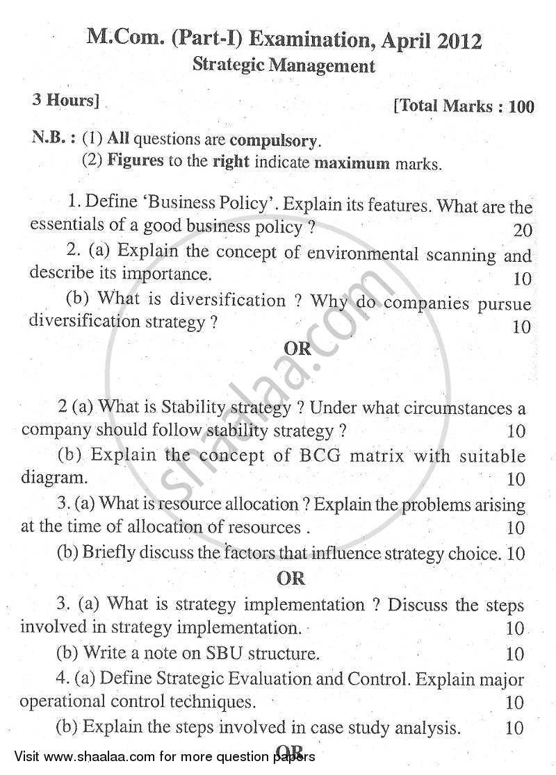 Strategic Management 2011-2012 - M.Com. - Part 1 - University of Mumbai question paper with PDF download