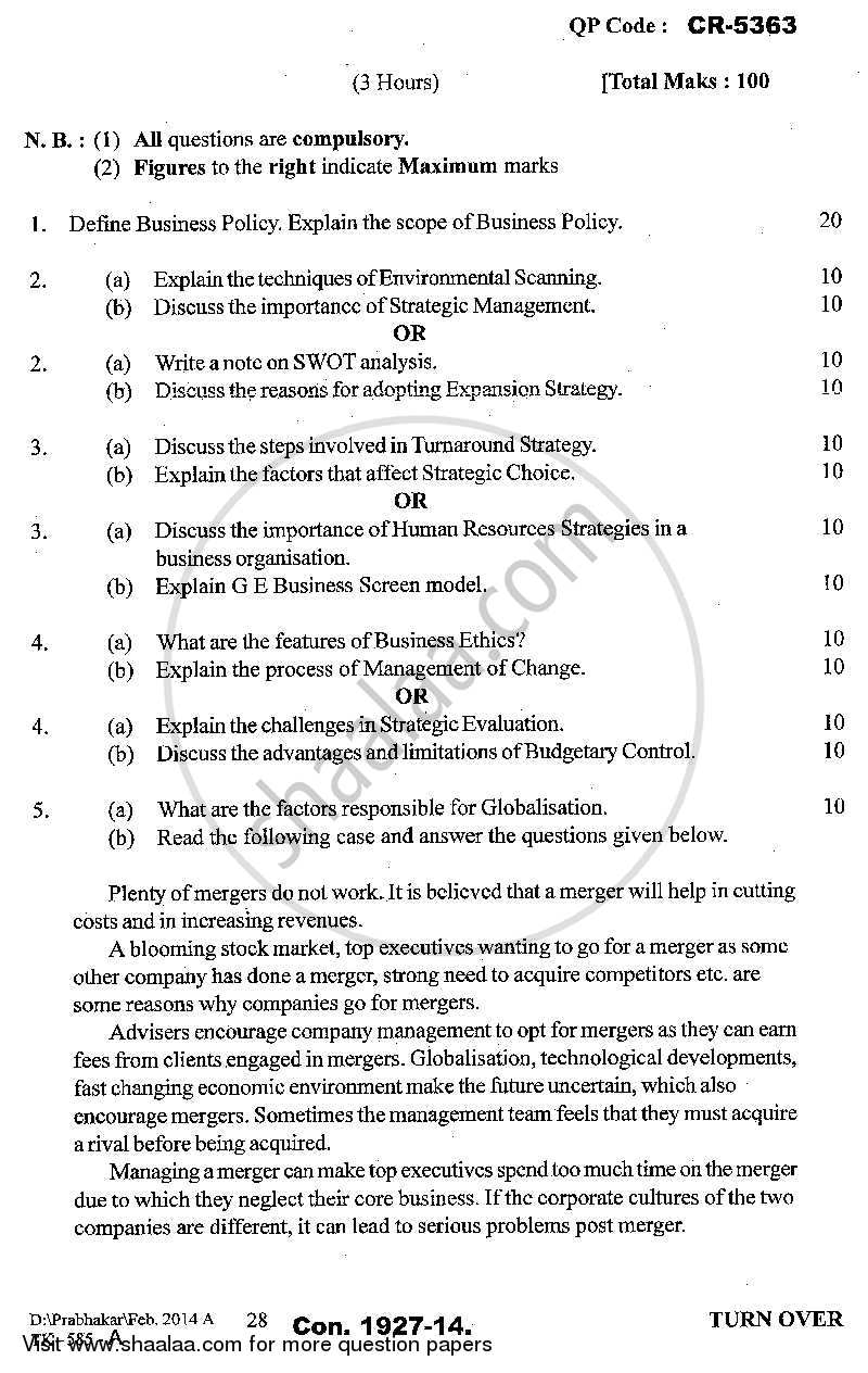 Strategic Management 2013-2014 - M.Com. - Part 1 - University of Mumbai question paper with PDF download