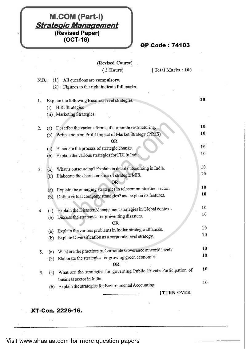 Strategic Management 2016-2017 - M.Com. - Part 1 - University of Mumbai question paper with PDF download