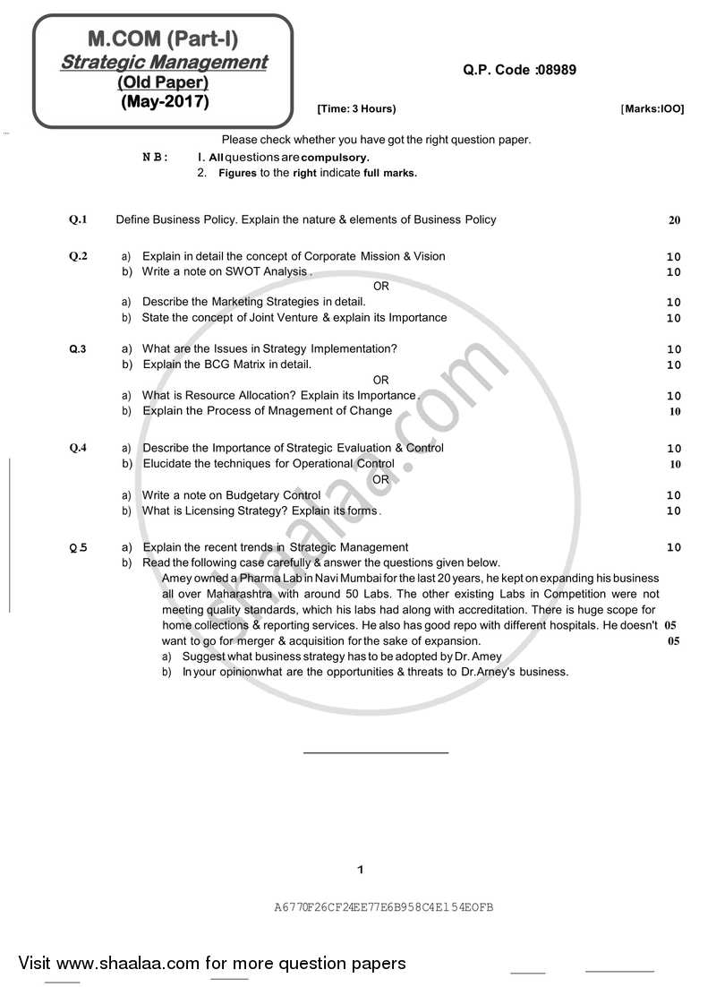 Strategic Management 2016-2017 - M.Com. - Part 1 - University of Mumbai question paper with PDF download