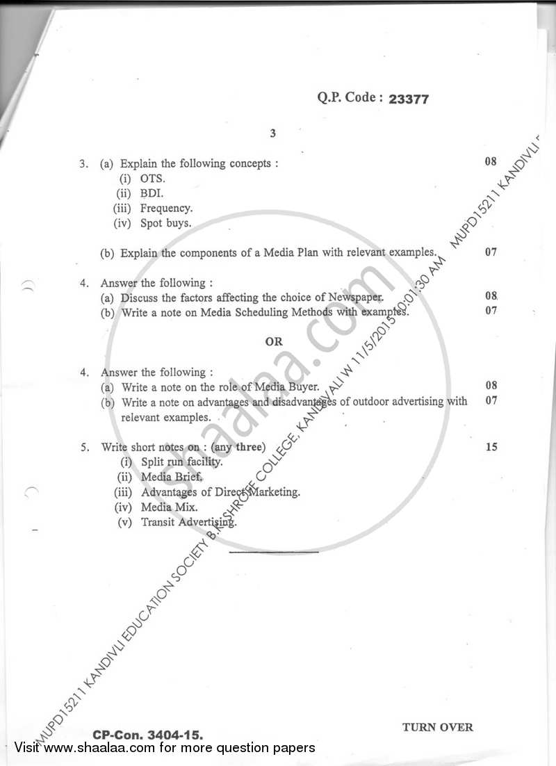Media Planning and Buying 2015-2016 Semester 5 - University of Mumbai question paper with PDF download