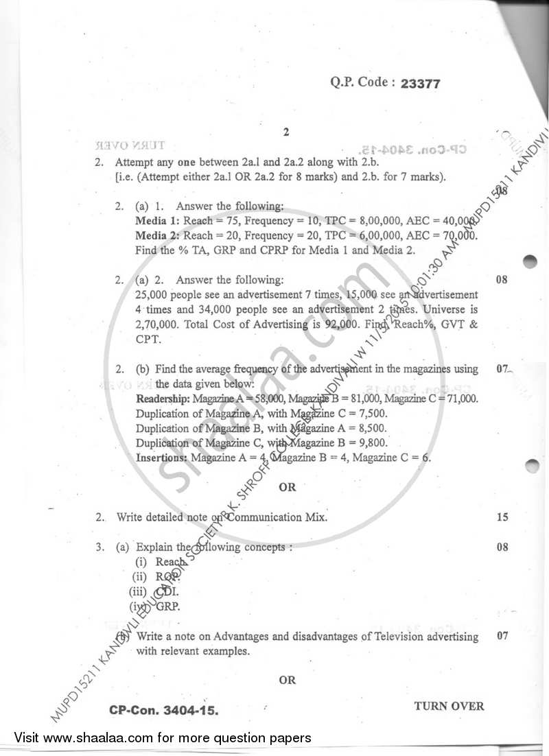 Media Planning and Buying 2015-2016 Semester 5 - University of Mumbai question paper with PDF download