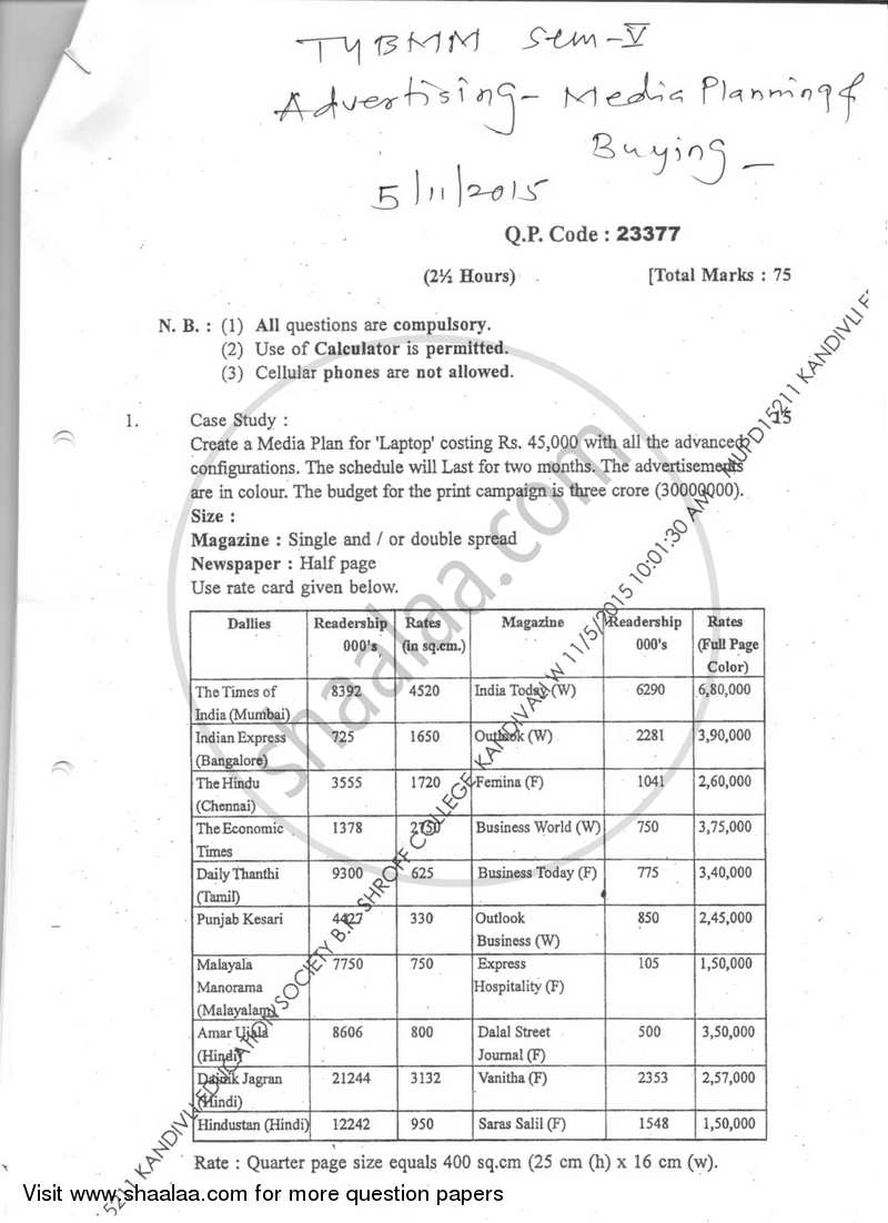 Media Planning and Buying 2015-2016 Semester 5 - University of Mumbai question paper with PDF download