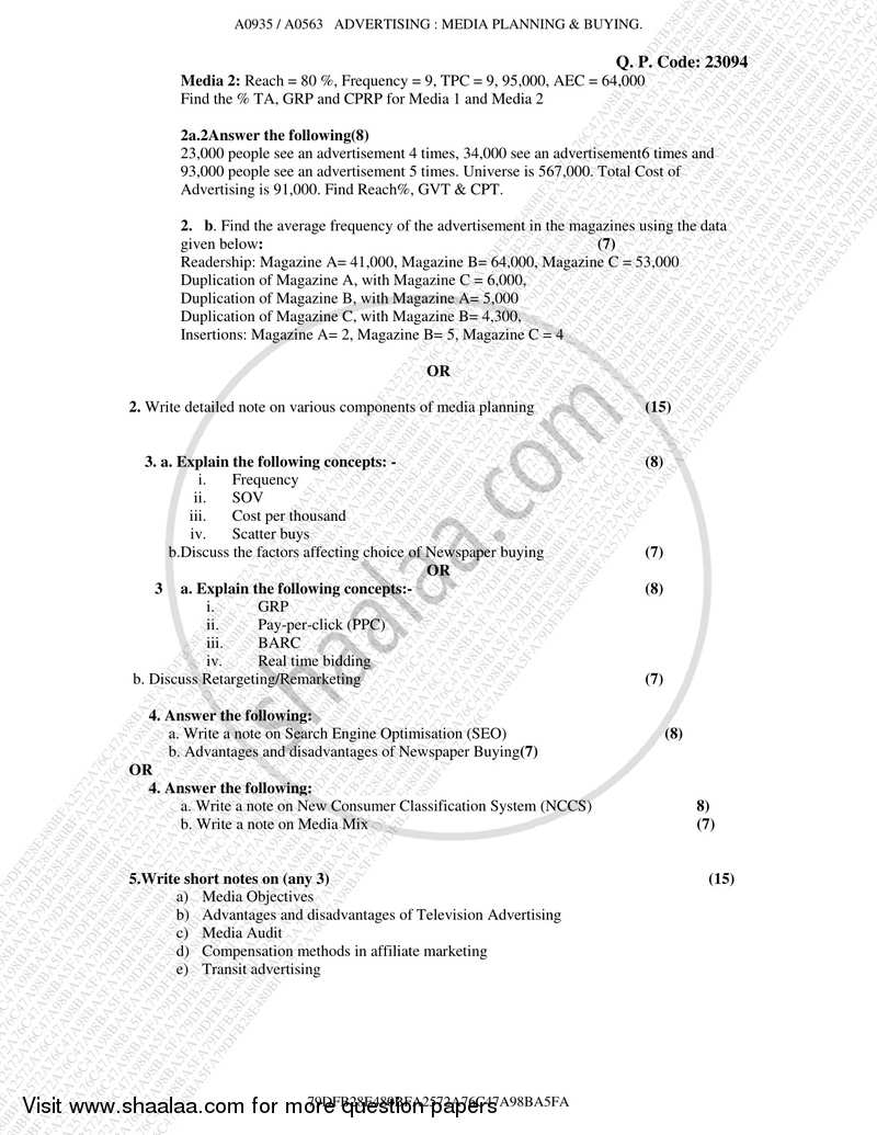 Media Planning and Buying 2017-2018 Semester 5 - University of Mumbai question paper with PDF download