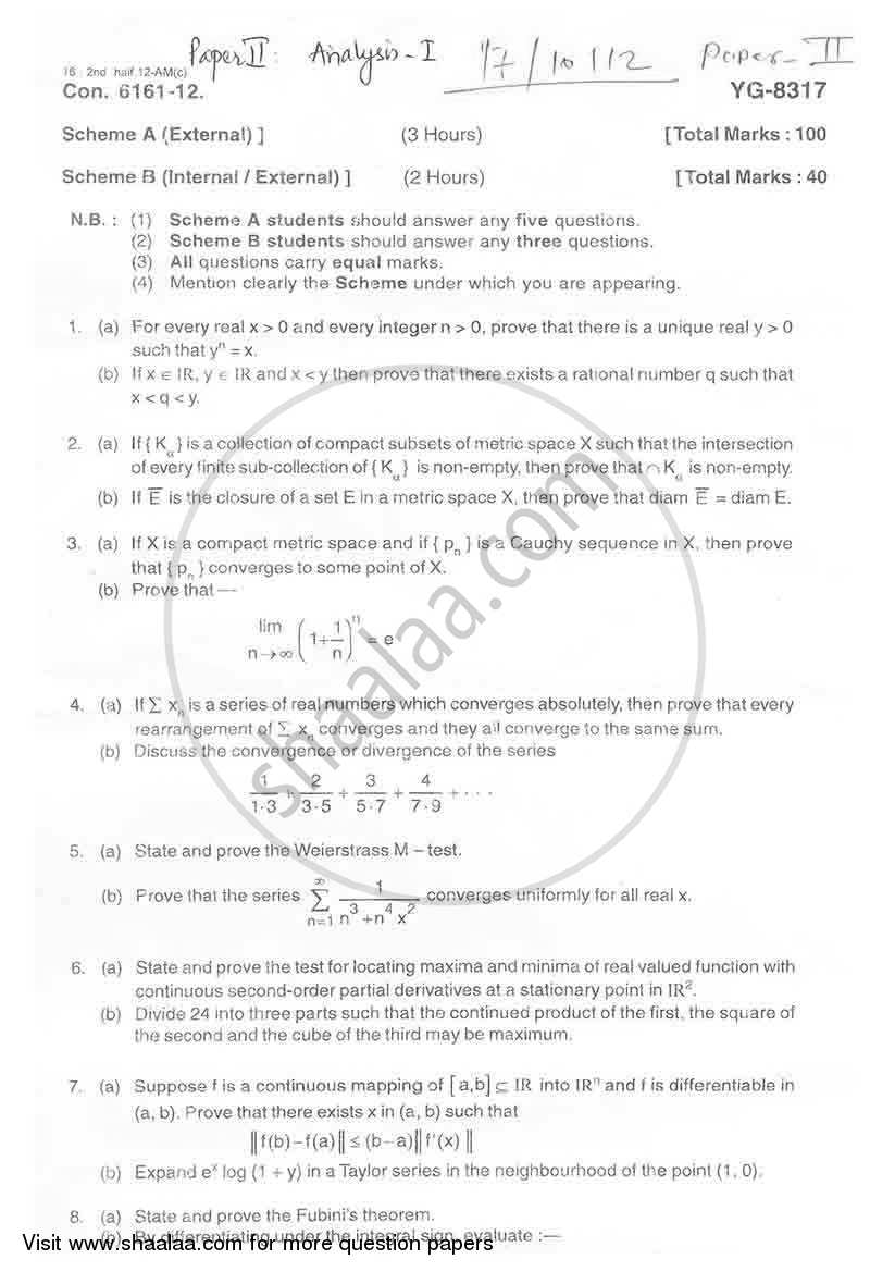 Analysis - 1 2012-2013 - M.Sc. - Part 1 - University of Mumbai question paper with PDF download