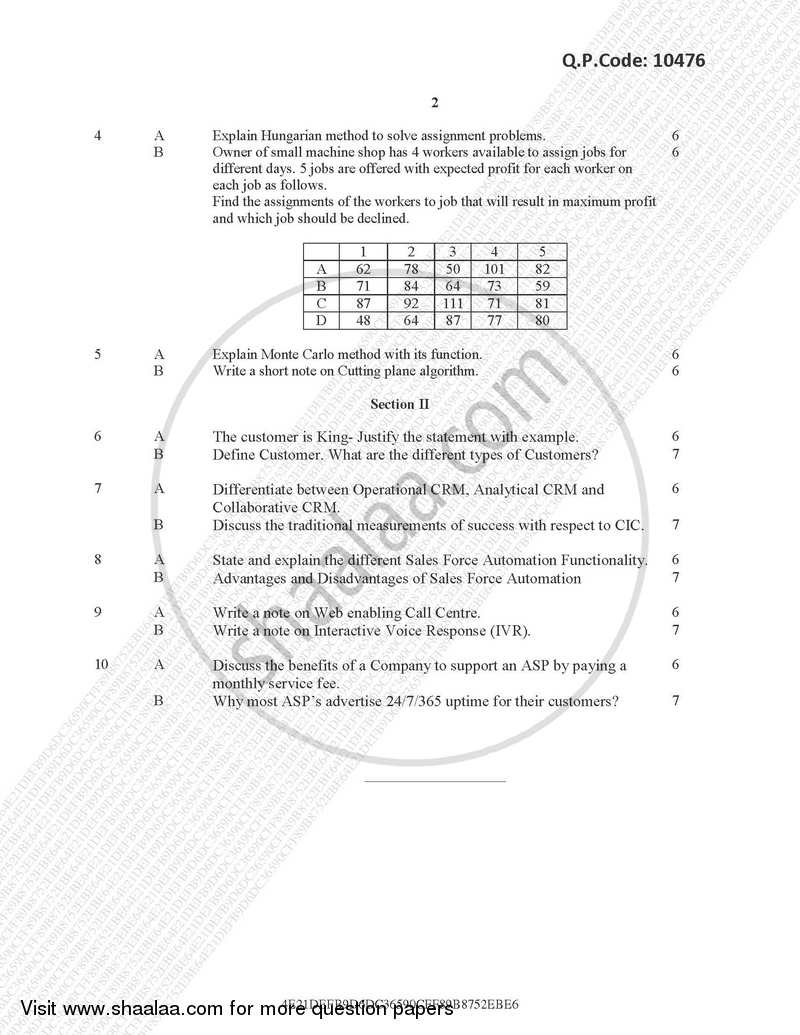 Optimization Techniques and Customer Resources Management 2016-2017 - M.Sc. - Part 2 - University of Mumbai question paper with PDF download