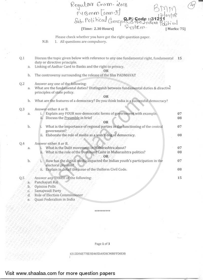 Political Concepts and the Indian Political System 2017-2018 Semester 2 - University of Mumbai question paper with PDF download
