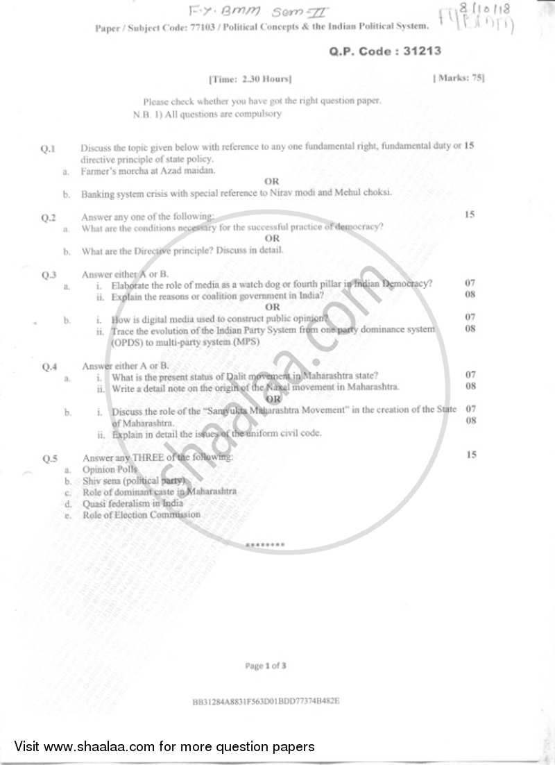 Political Concepts and the Indian Political System 2018-2019 Semester 2 - University of Mumbai question paper with PDF download