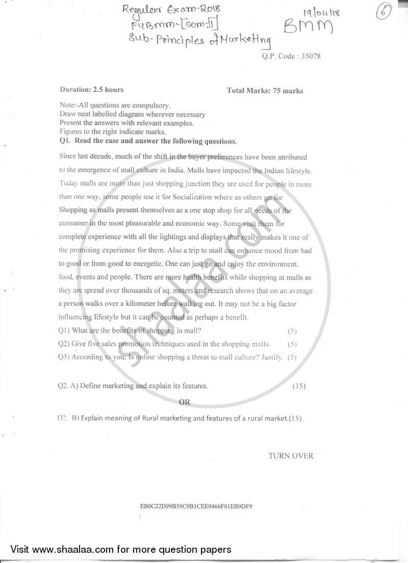 Principles of Marketing 2017-2018 Semester 2 - University of Mumbai question paper with PDF download