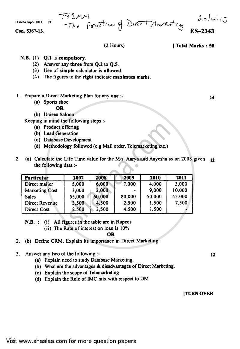 The Principles and Practice of Direct Marketing 2012-2013 Semester 6 - University of Mumbai question paper with PDF download