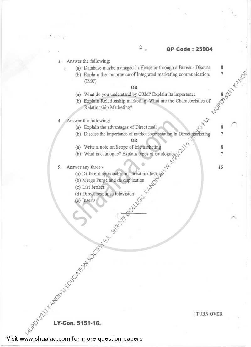 The Principles and Practice of Direct Marketing 2015-2016 Semester 6 - University of Mumbai question paper with PDF download