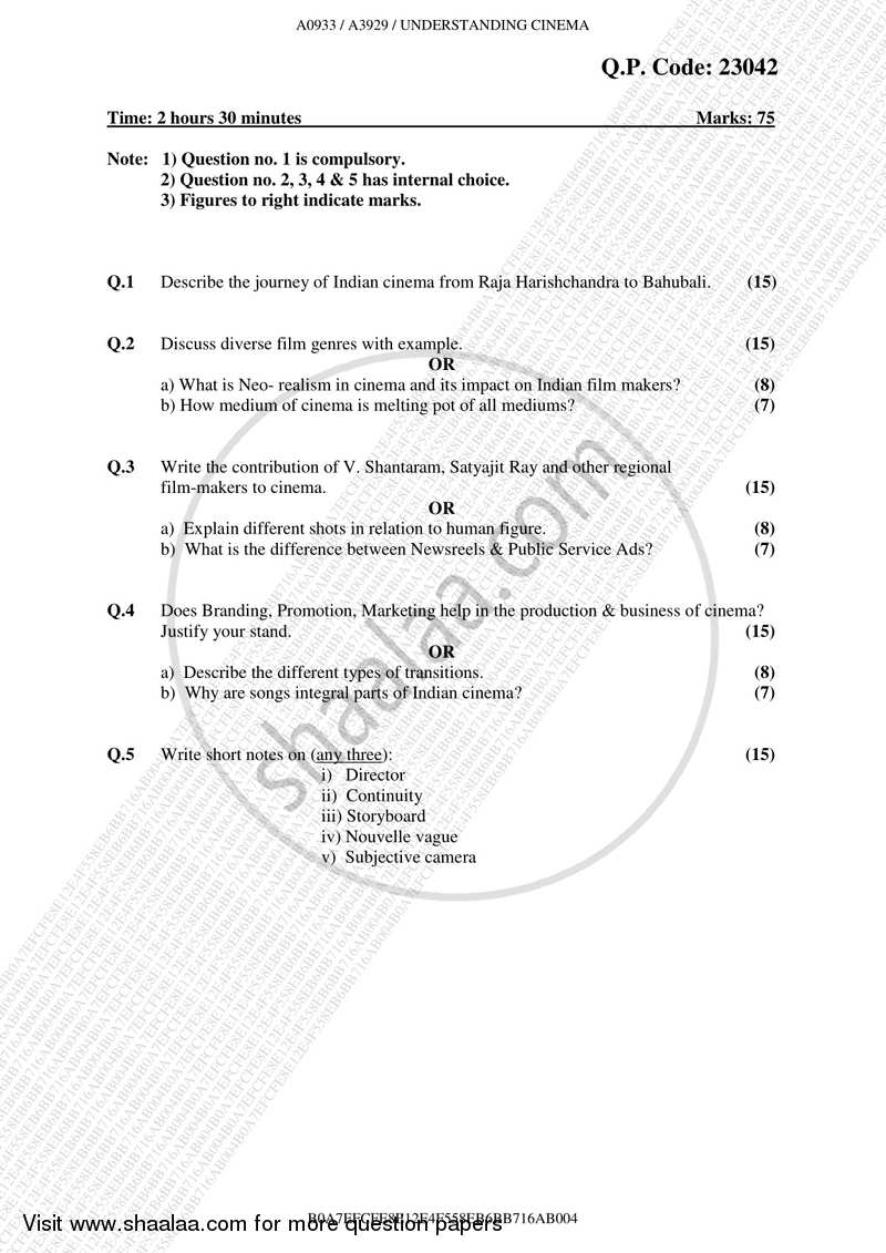 Understanding Cinema 2017-2018 Semester 3 - University of Mumbai question paper with PDF download