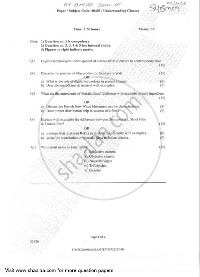 Understanding Cinema 2018-2019 Semester 3 - University of Mumbai question paper with PDF download