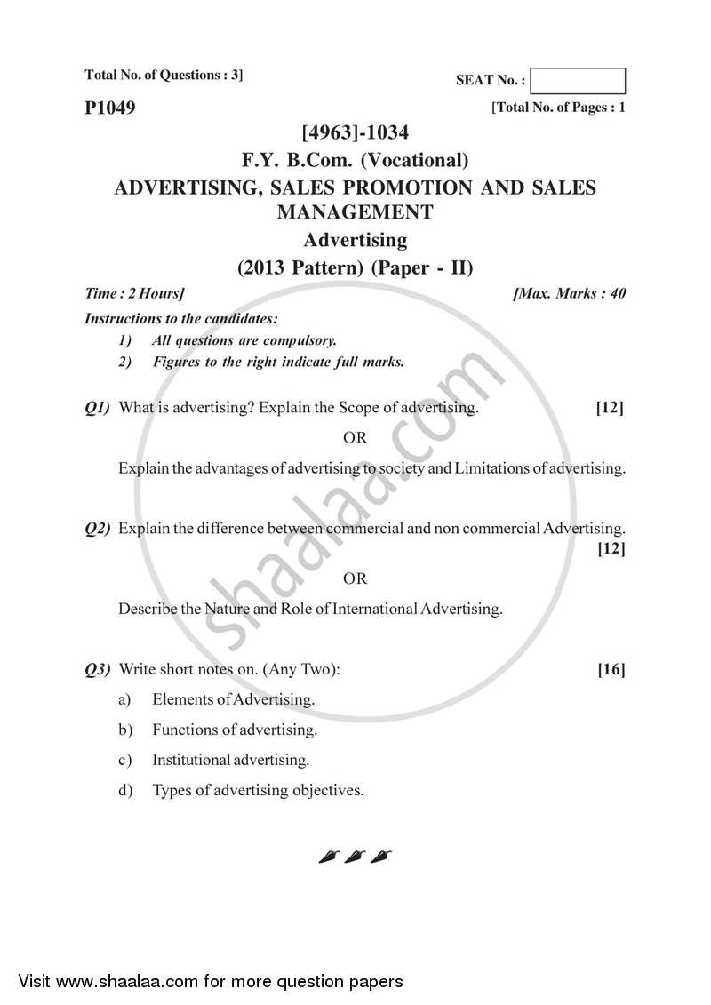 Advertising 2015-2016 F.Y.B.Com Vocational - University of Pune question paper with PDF download