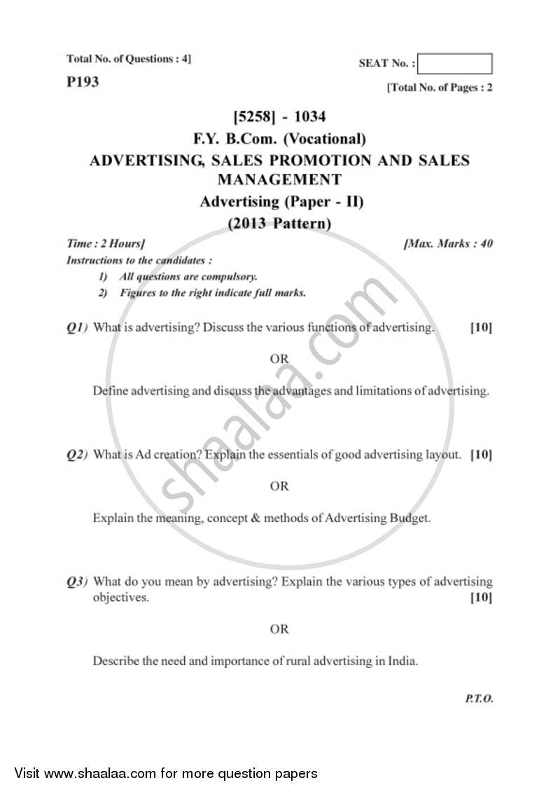 Advertising 2017-2018 F.Y.B.Com Vocational - University of Pune question paper with PDF download