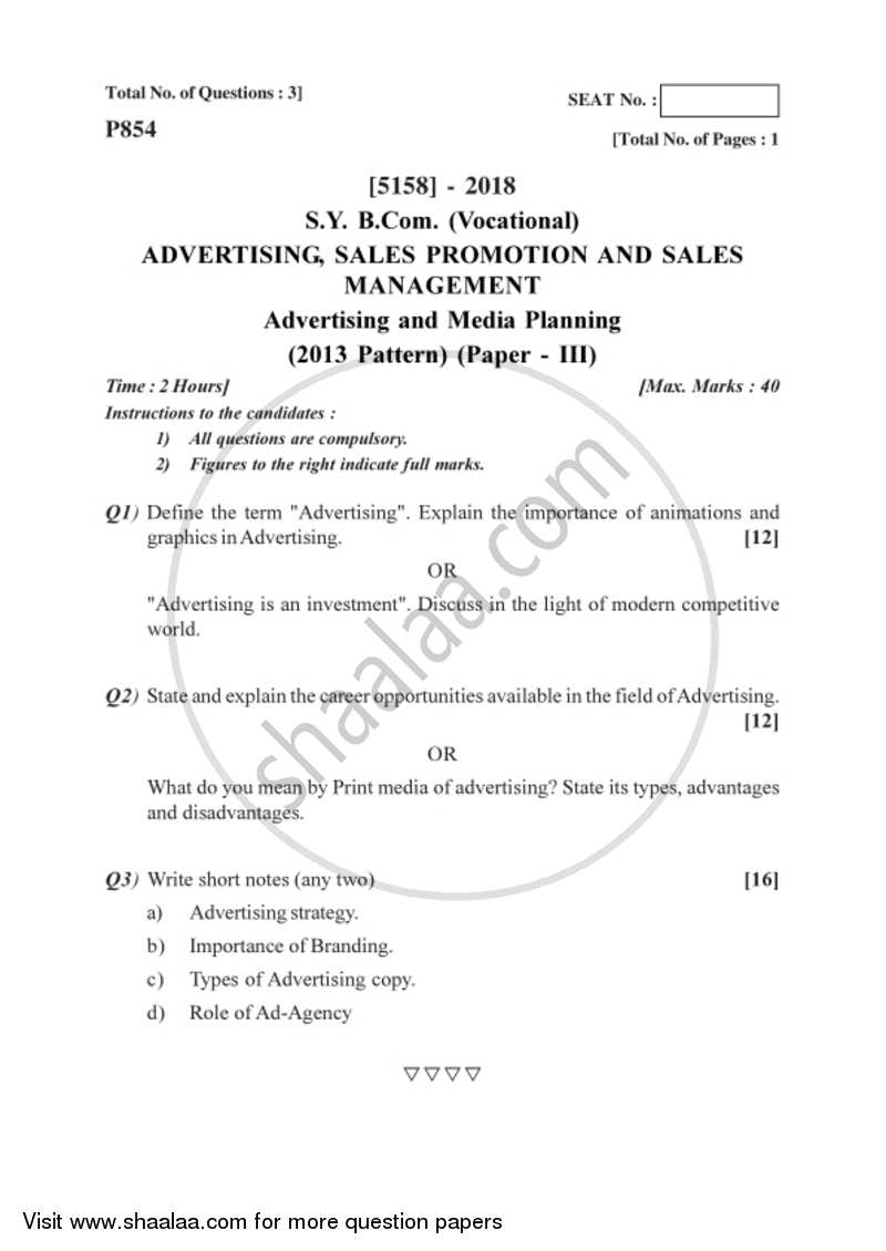 Advertising and Media Planning 2016-2017 S.Y.B.Com Vocational - University of Pune question paper with PDF download